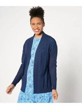 Denim&Co. Novelty Stitch Cardigan Open Front Long Sleeve Sweater Navy M A643390